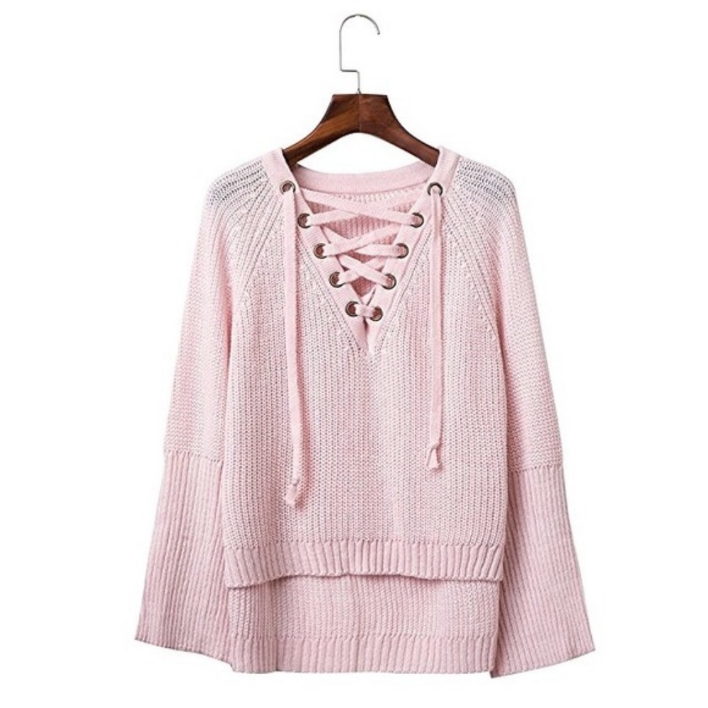 Last 1 Pink lace up high low sweater - Picture 5 of 7
